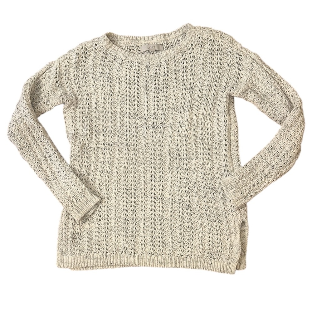 LOFT Gray White Knit Crochet Sweater Size Medium